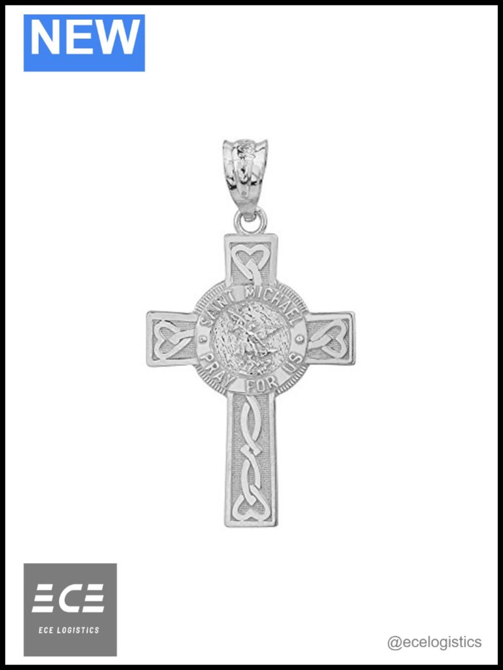 Solid 10K White Gold Saint Michael Pray For Us Celtic Cross Pendant 1.30"
